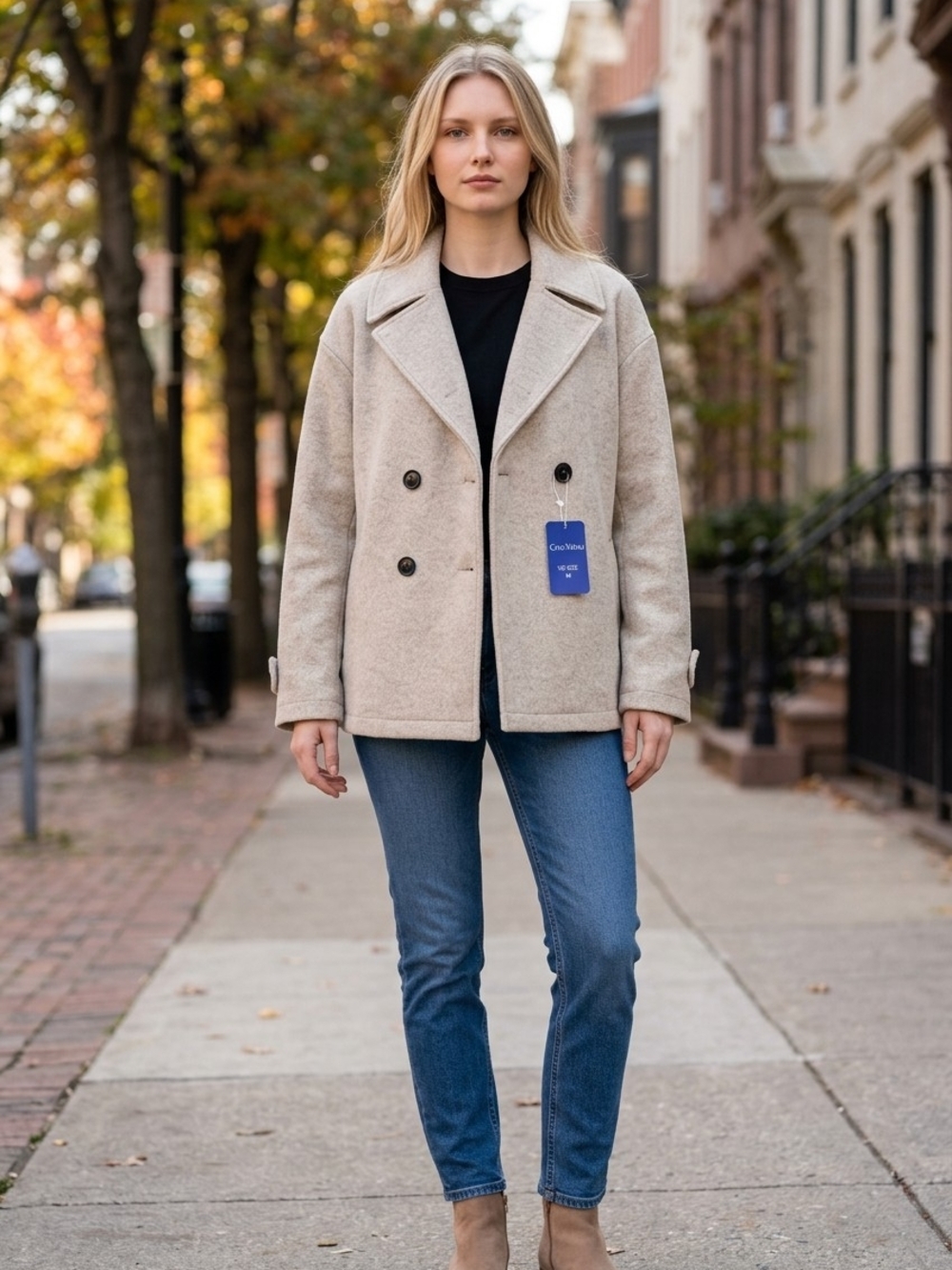 Wool-Blend Double-Breasted Pea Coat in Light Beige - Women